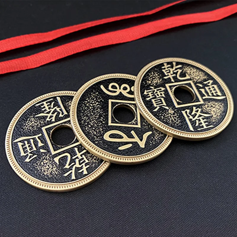 Chinese Coins and Ribbon Magic Tricks Three Coins Penetrate On / Off Ribbon Magia Magiciain Close Up Illusions Gimmick Props Fun