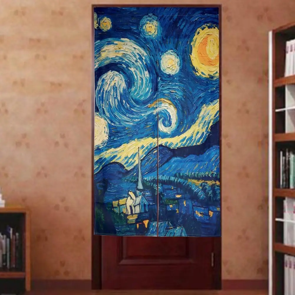 Impressionist Starry Night Door Curtain, Van Gogh Style Swirling Sky & Village Design For Living Room & Bedroom, Artistic Decor