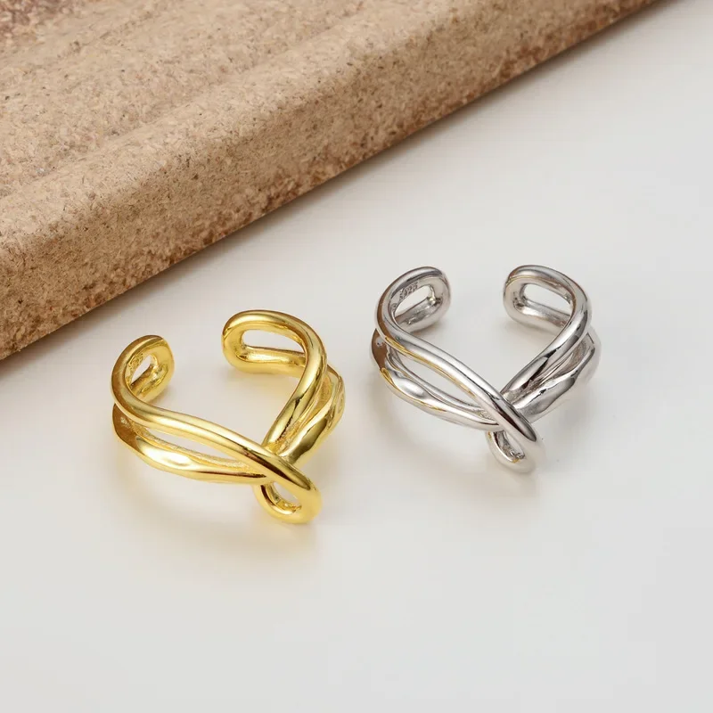 Ables Chic Liquid Twist Solid 925 Sterling Silver Open Ring Unique Gold Tone Cool Rings R1131