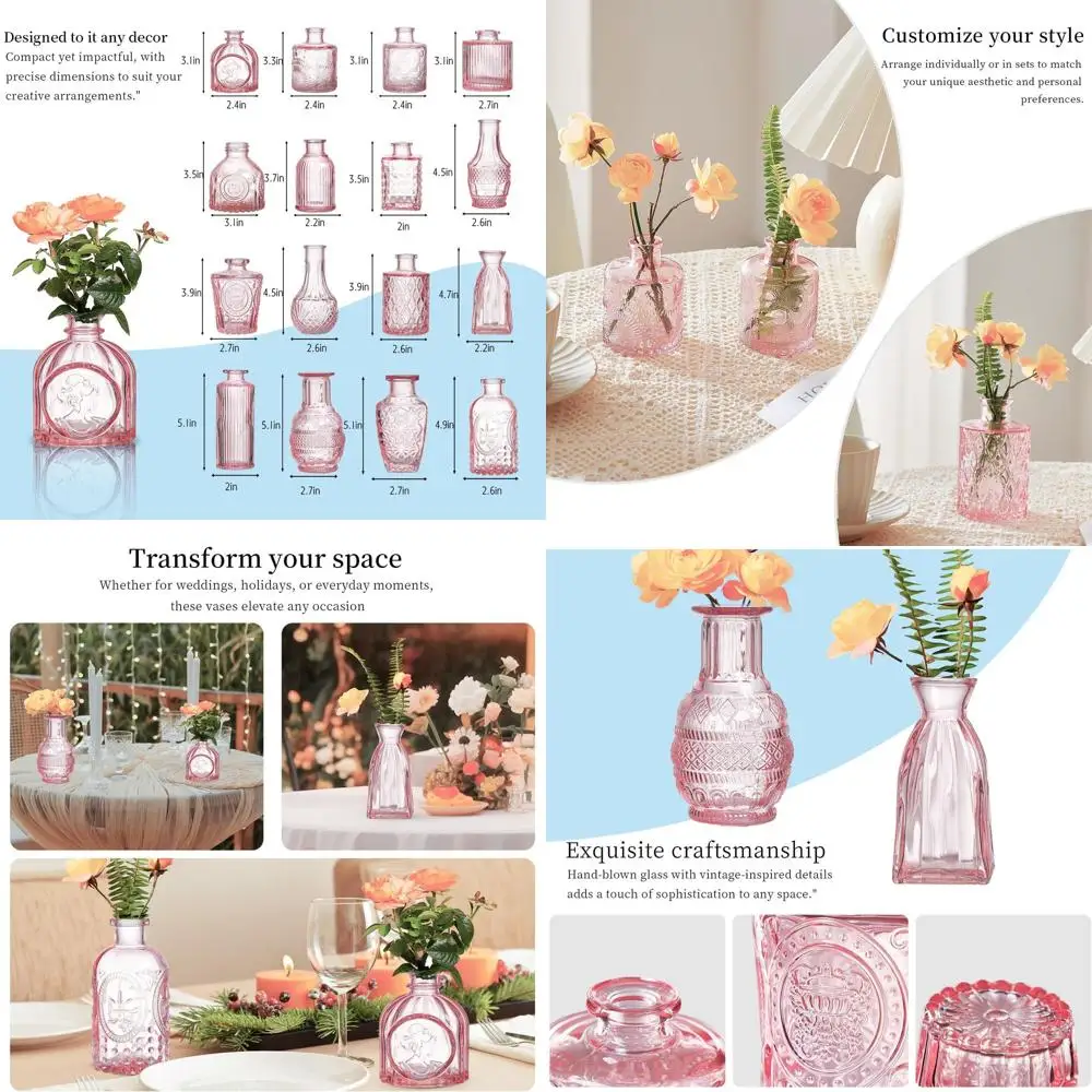 

Set of 64 Assorted Pink Mini Glass Vases for Flowers, Crystal Vintage Style, Bulk Centerpieces for Weddings and Home Decor