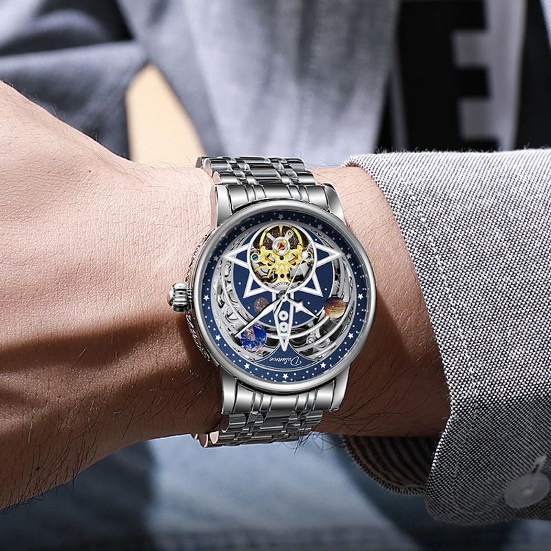 Dulunwe Universe Series Tourbillon Watch Men Luxury Business Formal Skeleton Automatic Mechanical Watch Birthday Gift for Men