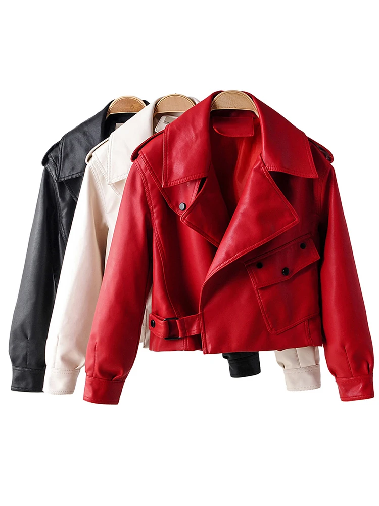 Fitaylor New Autumn Women Faux Leather Jacket Pu Motorcycle Biker Red Coat Turndown Collar Loose Streetwear Black Punk Outerwear