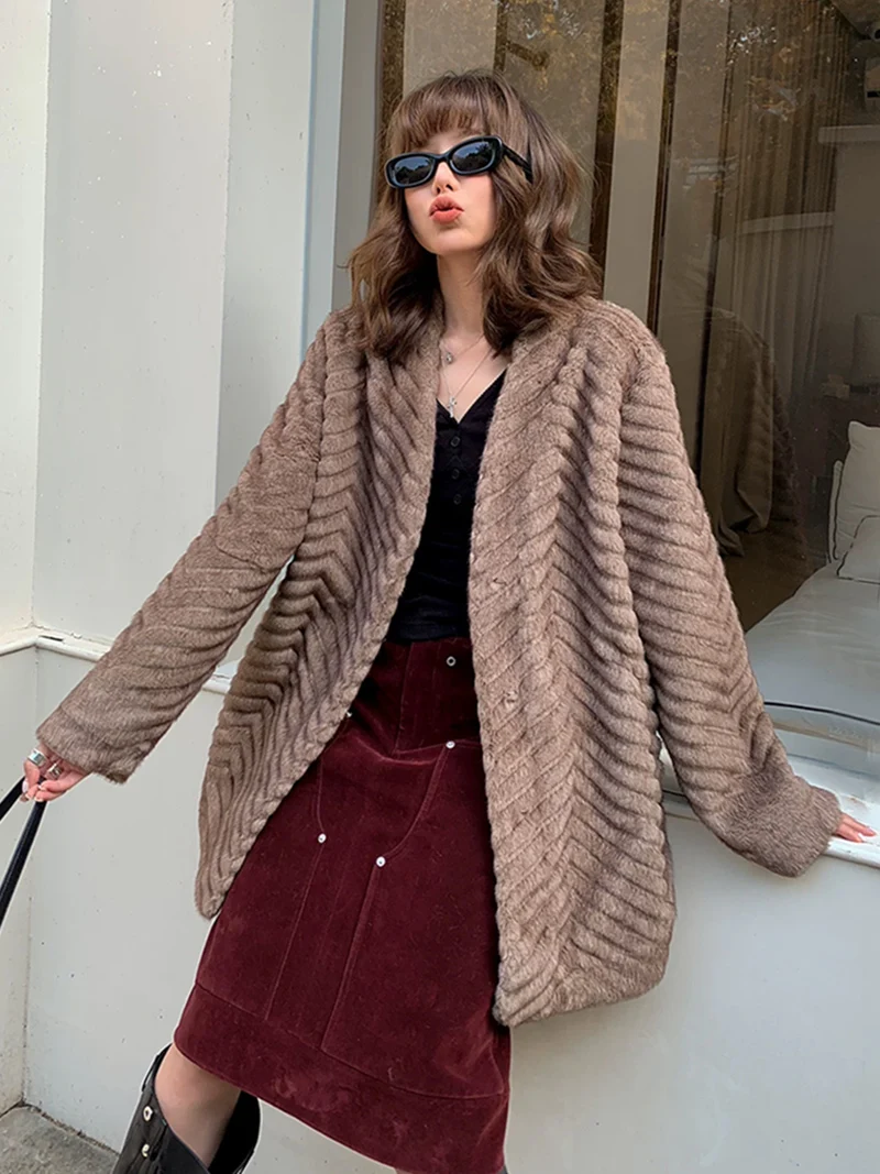 ZADORIN Chic Women Faux Mink Fur Coat Mid Long V-Neck Herringbone Furry Fur Jacket Plush Outerwear Elegant Winter Clothes Woman