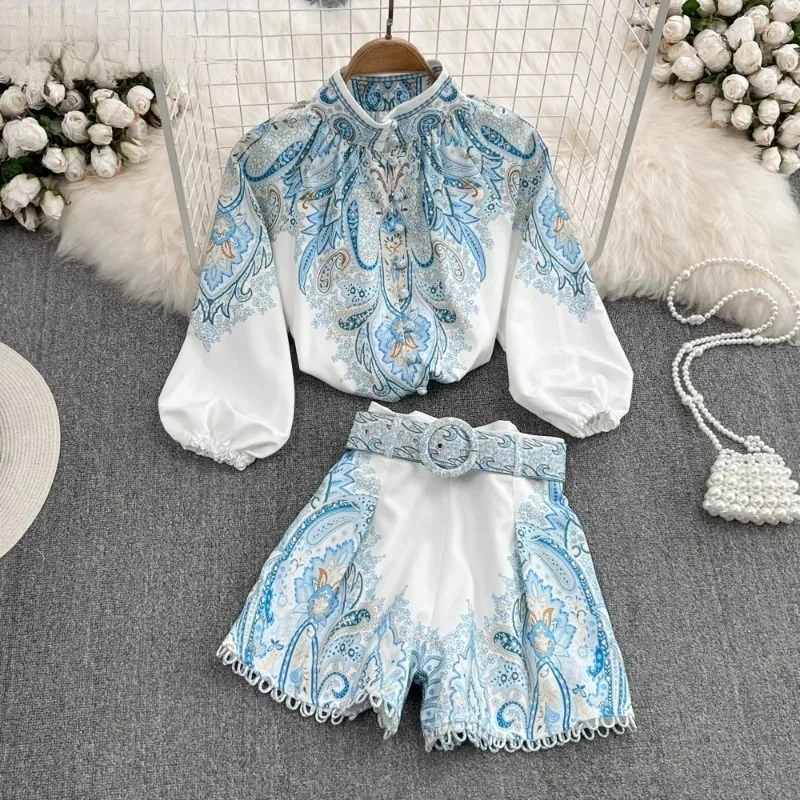 

Корейский комплект из 2 предметов, женская одежда, однобортная рубашка с воротником-стойкой, широкие брюки с высокой талией, винтажный летний наряд с цветочным принтом