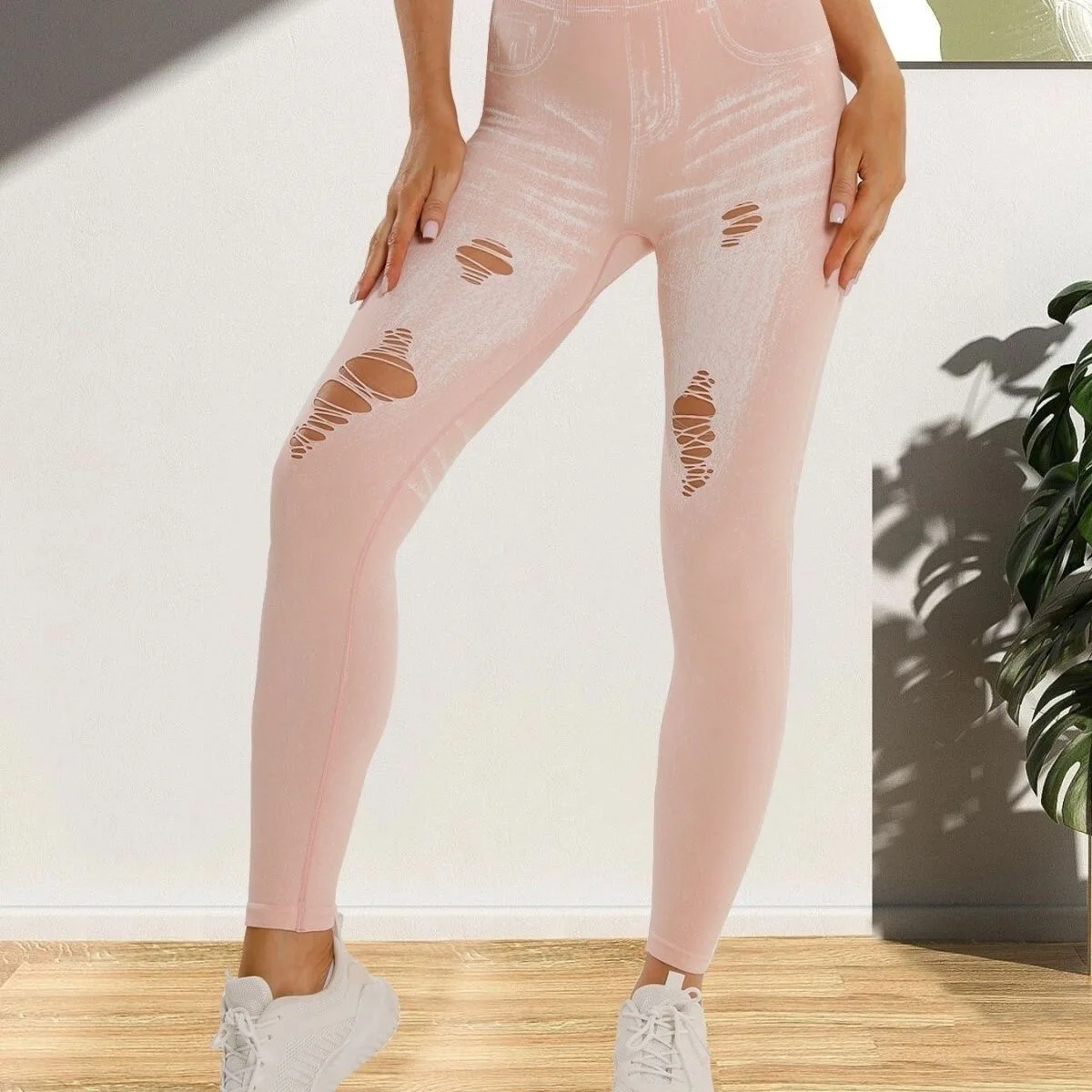 Women Gym Fake Jean Leggings Hollow Out Fitness Athletic Workout Exercise Leggins Yoga Pants Sports Elastic Tights High Waist