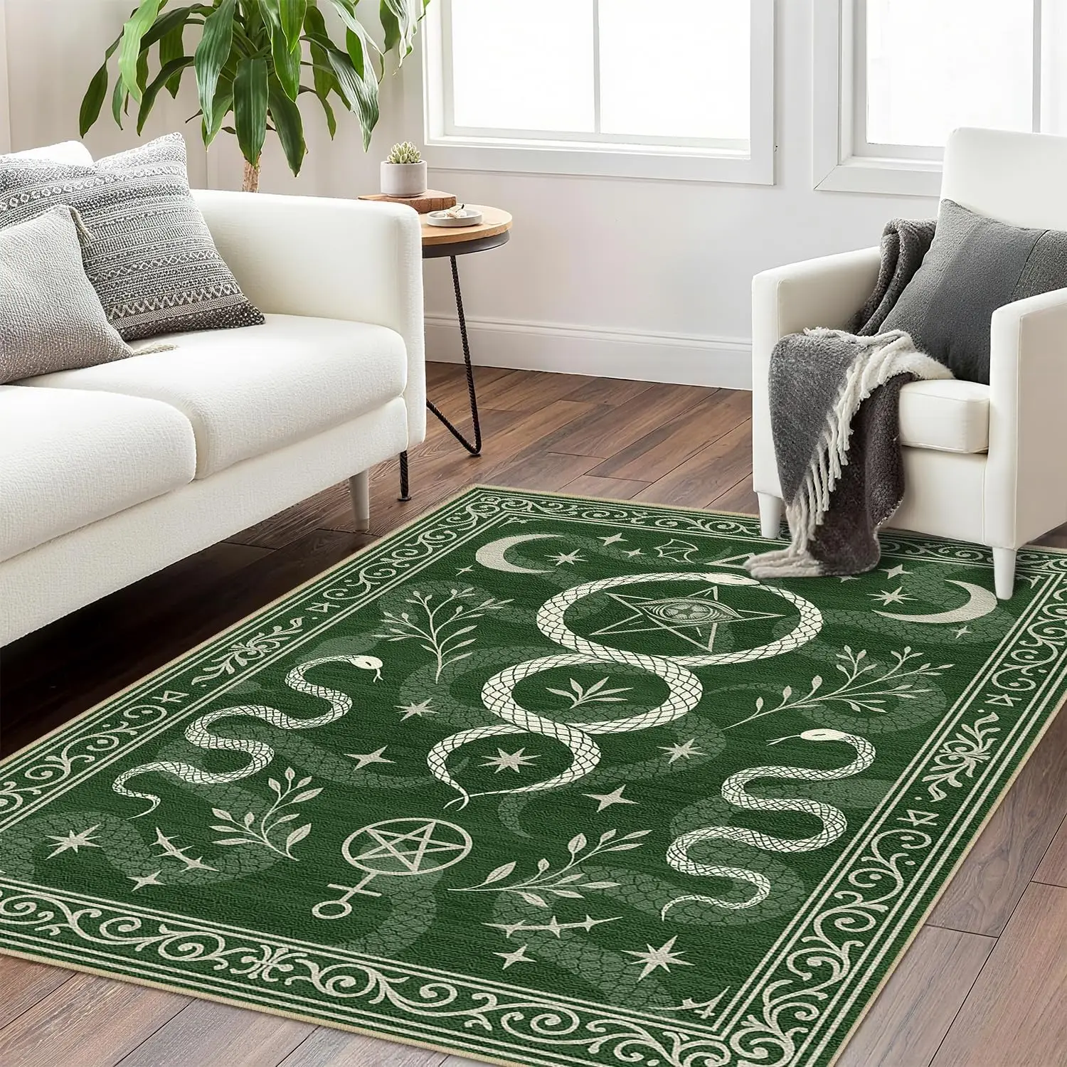 1pc 2D Flat Green Mystic Snake Moon Printed Floor Mat, Decorative Rug for Living Room, Bedroom, Office, Home Decor