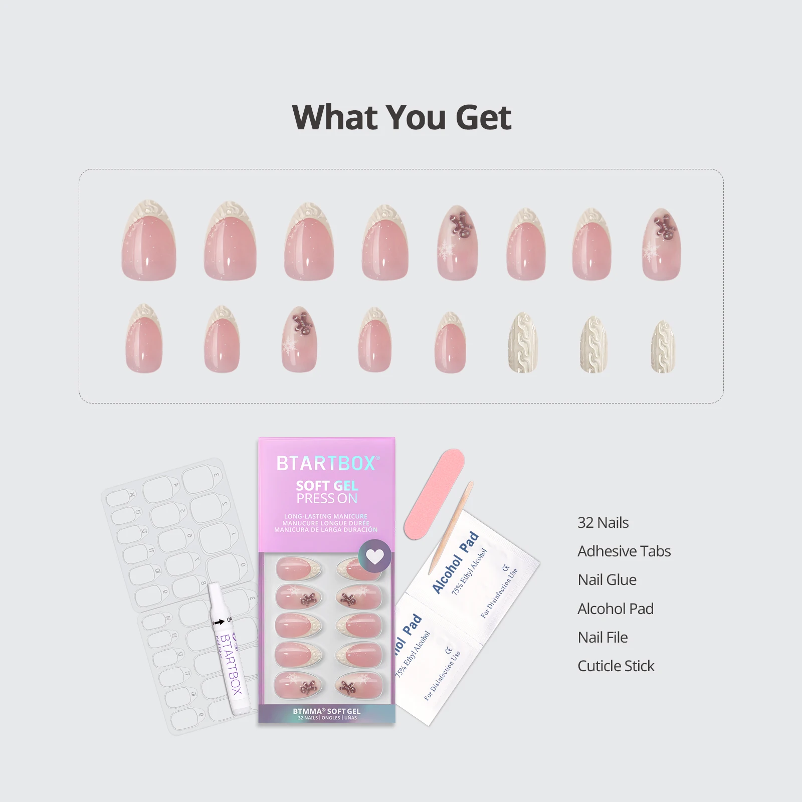 Ladies' Favorite：3D Gingerbread French Tip Cute Artificial Press on Nails Supplies Wholesale Soft Gel Christmas False Fake Stick