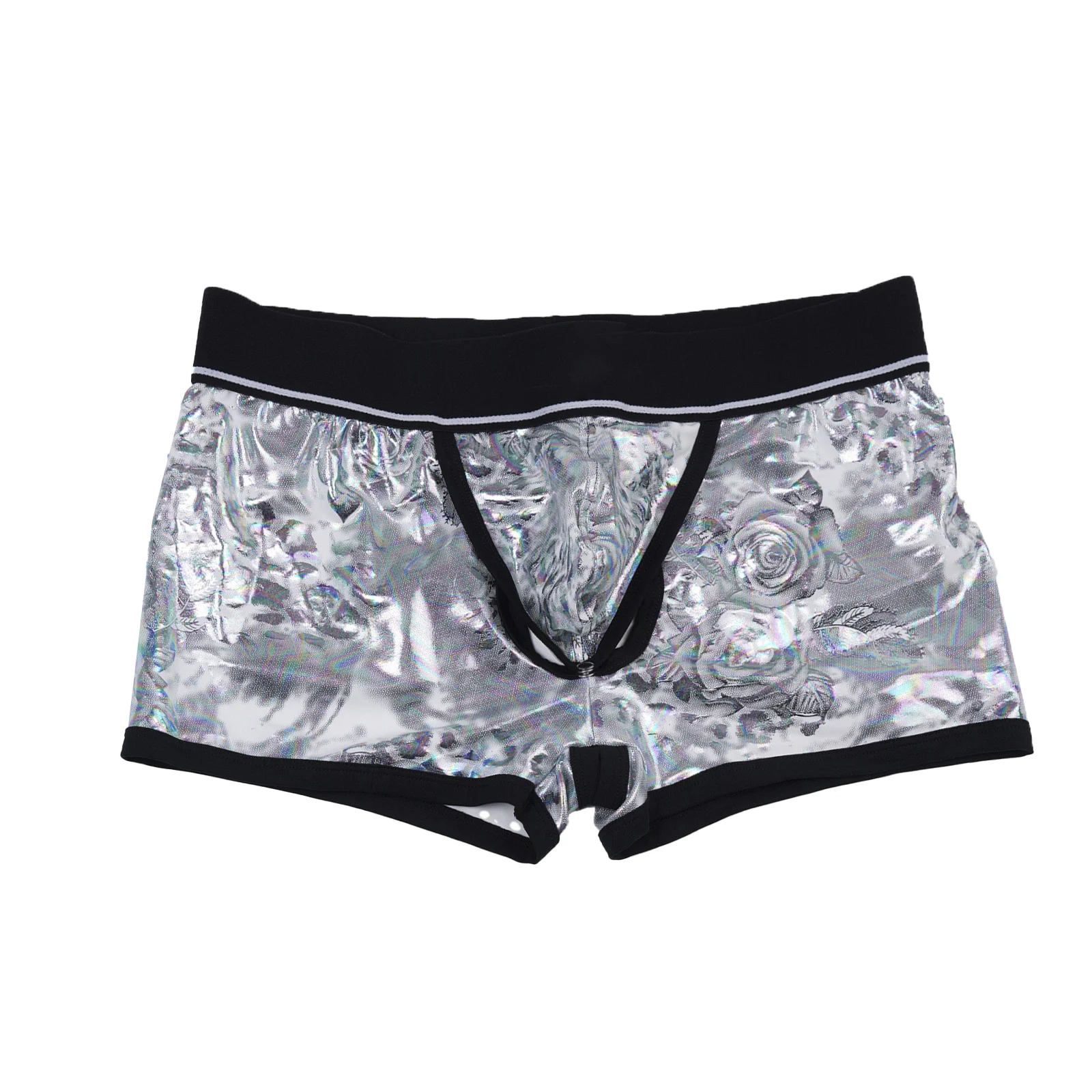 Herren-Dessous: Glänzende Metallic-Boxershorts mit integriertem Silikonring, tief sitzend, mit Cutout-Pouch, Unterwäsche für Rave & Nachtclub-Kostüme – Detail 7