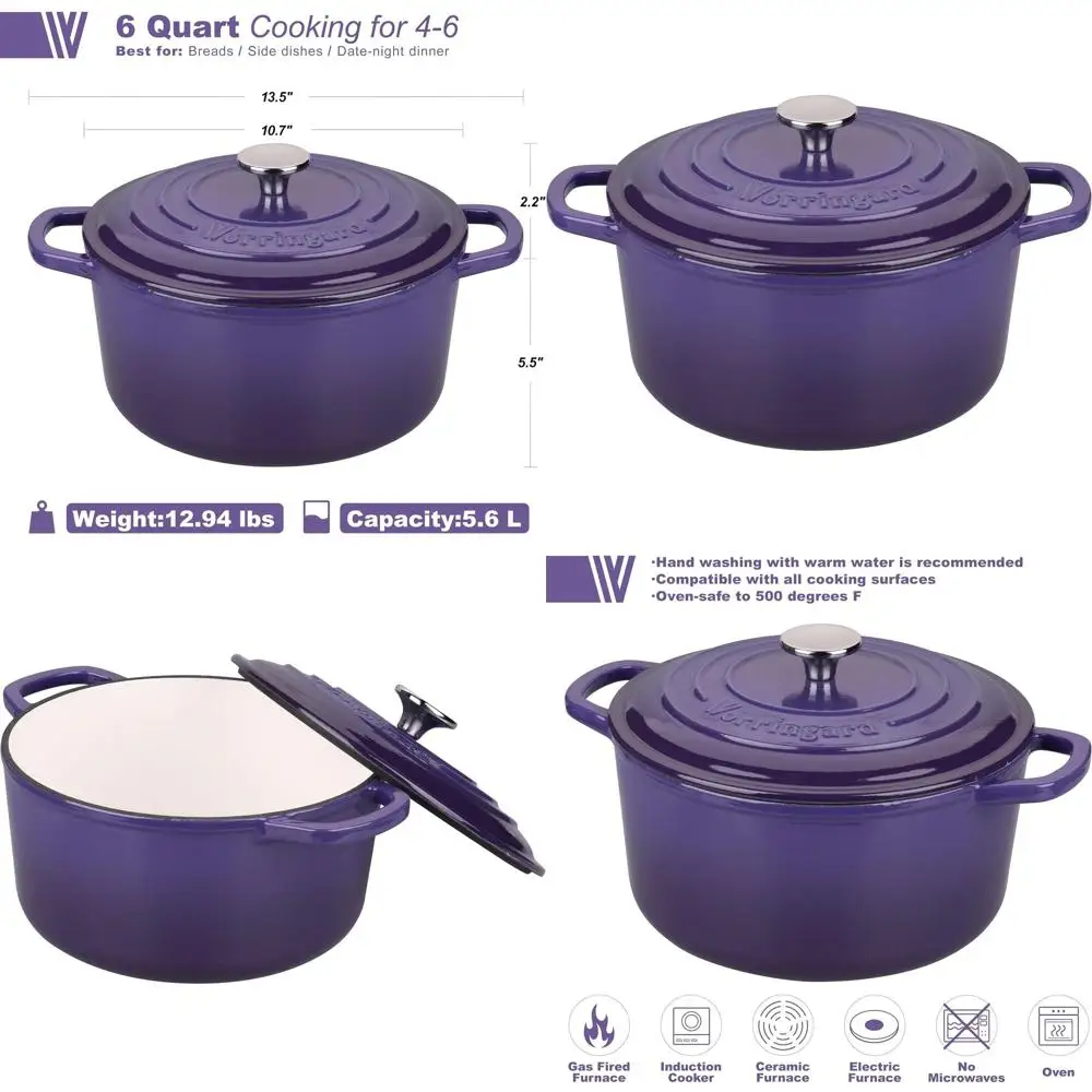 

Enameled Cast Iron Dutch Oven Pot with Lid, for Sourdough Bread Baking, Round Dutch Ovens, 6 Quart, Purple