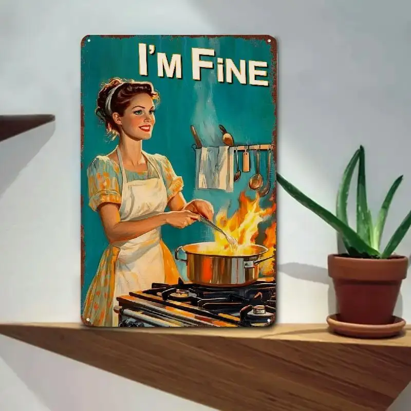 Señal Metálica 2D Flat Años 50 Cocina Divertida I'm Fine, Arte Pared Rústica Antigua, Decoración Ideal para Hogar, Playa y Zones