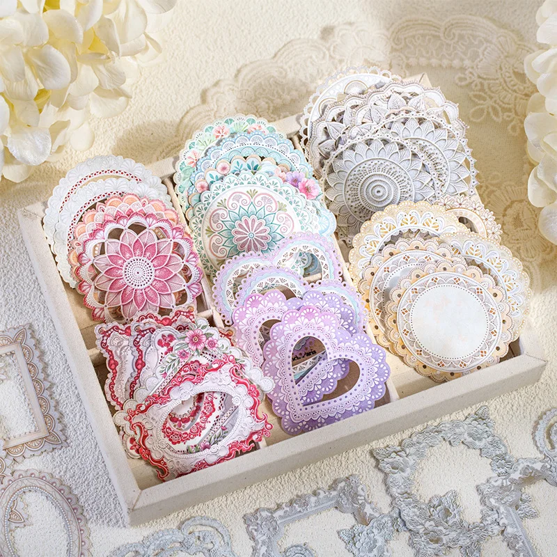 1pack/20pcs Delicate Lace White Kraft Collage Stickers, Hollow Lace Pattern for Scrapbook Layout Design