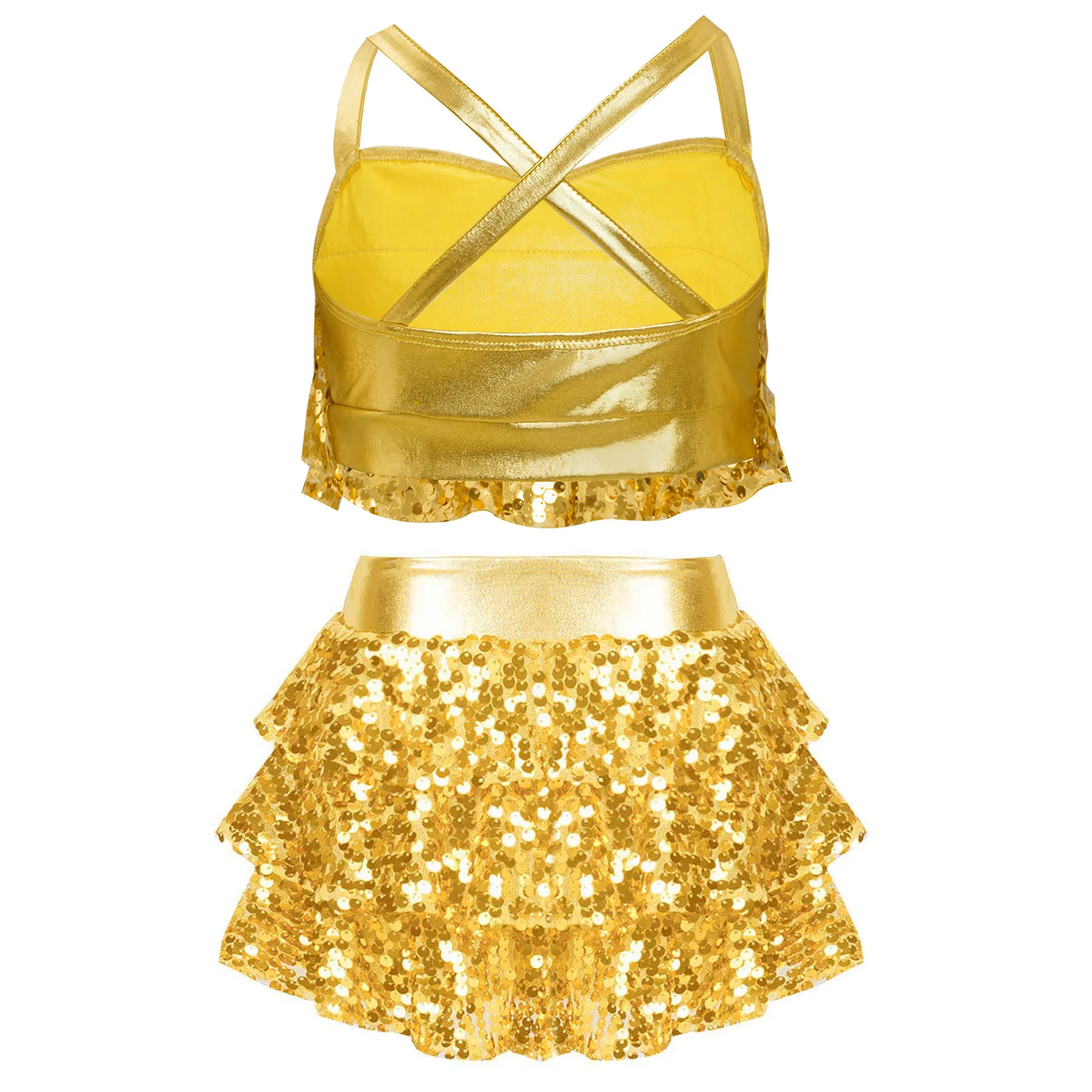 أطفال بنات لامعة الترتر الجاز الهيب هوب ملابس الرقص بلا أكمام المحاصيل القمم مع مطوي التنانير مجموعة تي شيرتات قصيرة للأطفال ديسكو حفلة Dancewear #2
