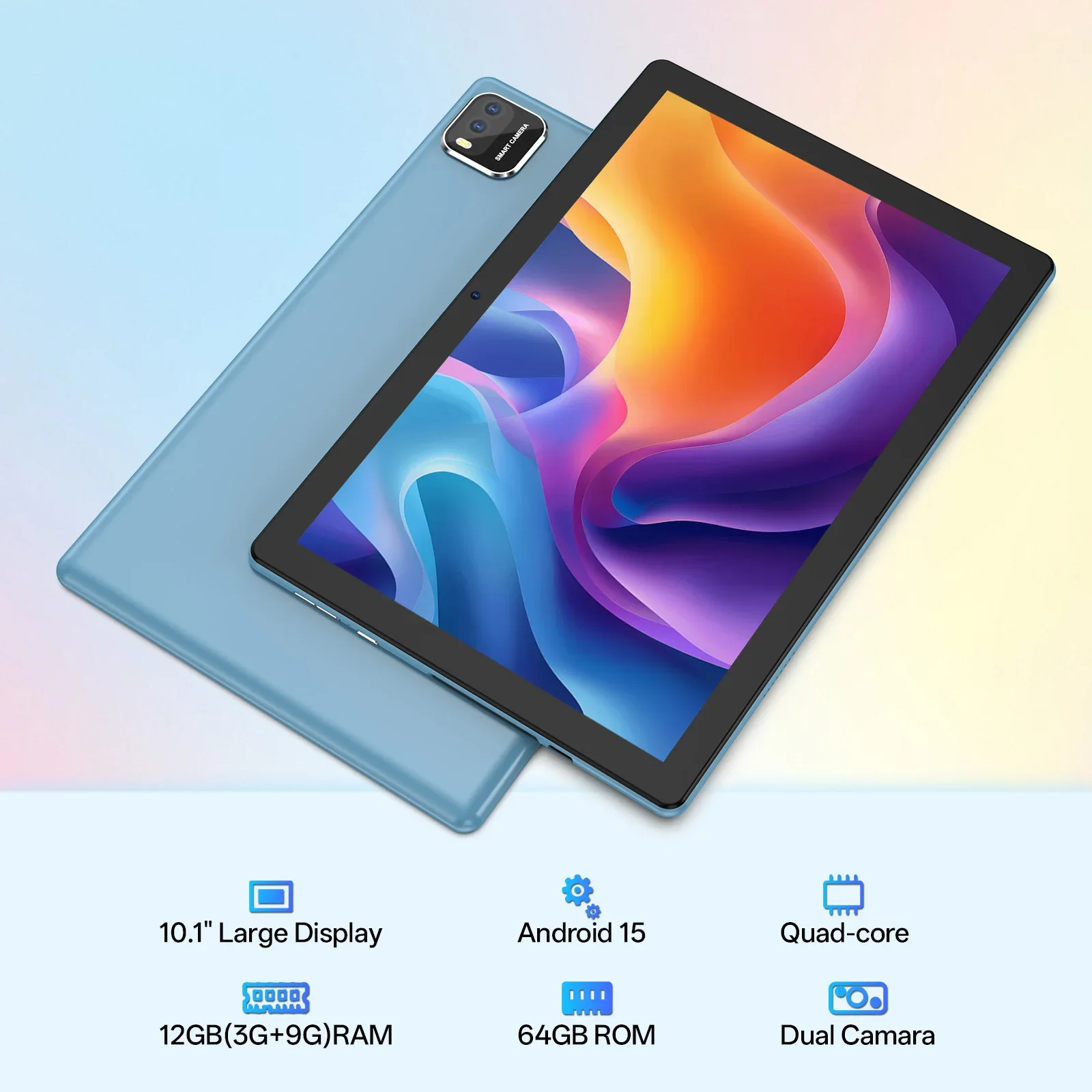 Tablet PC de 10 polegadas, sistema Android 15, processador quad-core, 12 (3+9) GB + 64 GB de armazenamento, expansível até 1 TB, suporta WiFi 6,