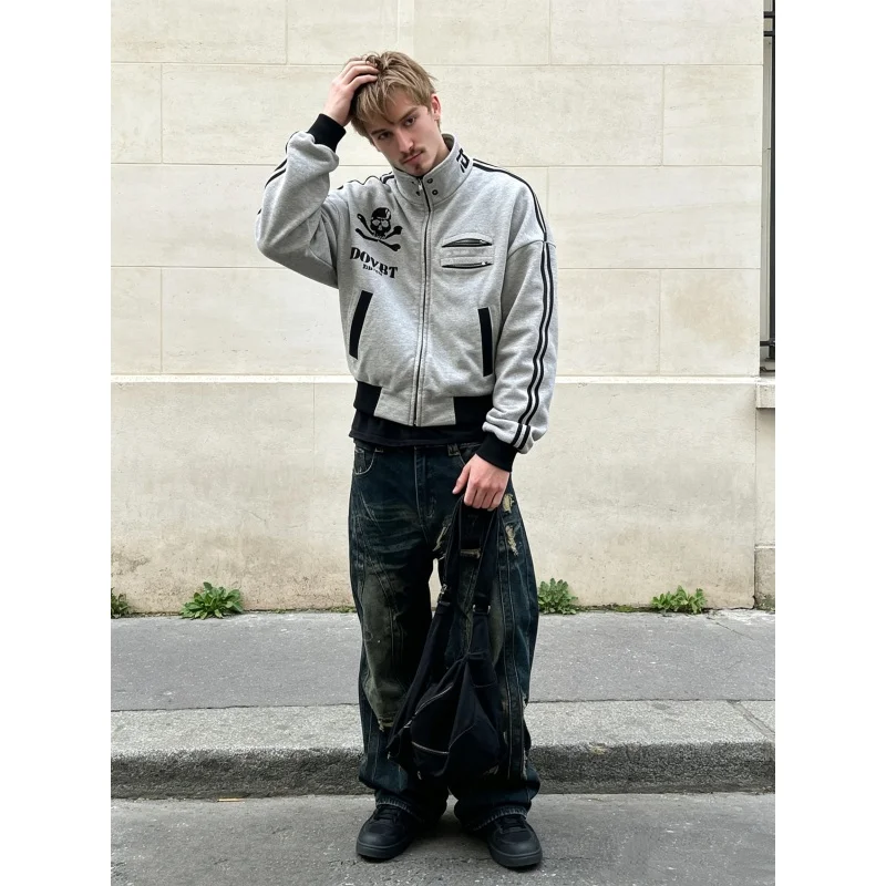 Unisex Loose Stand Collar Full Zip Jacket Skull Print Side Stripe Multi Zipper Pockets Hip Hop Street Casual Outerwear Coat