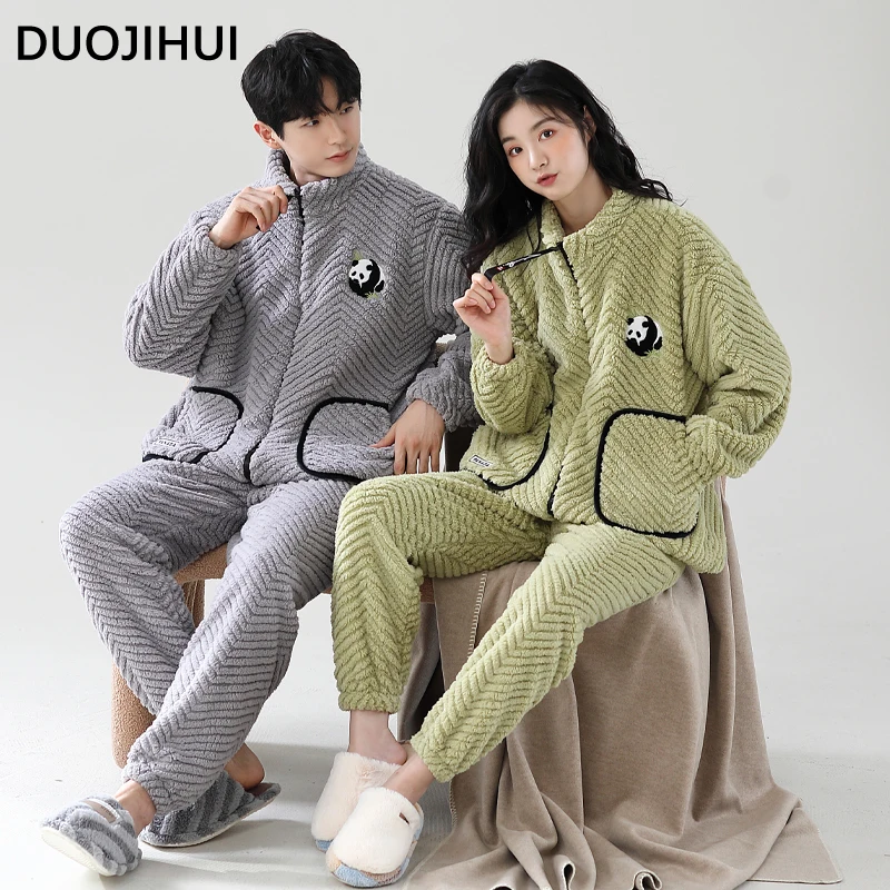 DUOJIHUI New Pure Color Chic Printed Pajamas for Women Winter Classic Zipper Cardigan Loose Pant Basic Simple Female Pajamas Set