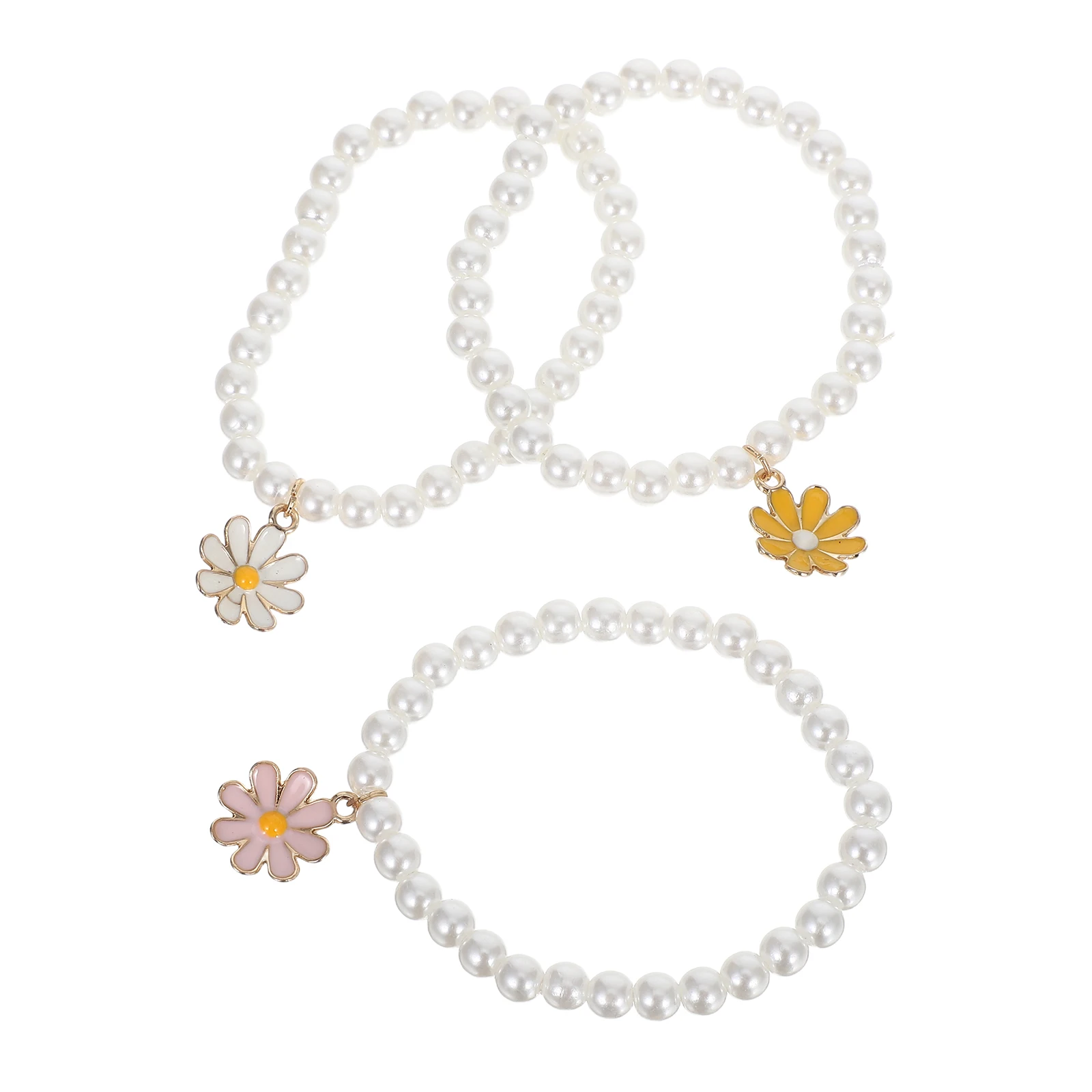 

3pcs Flower Bracelet Pearl Charm Stackable Jewelry for Girls Kids Summer Accessories Beaded Bohemian Shining Handmade