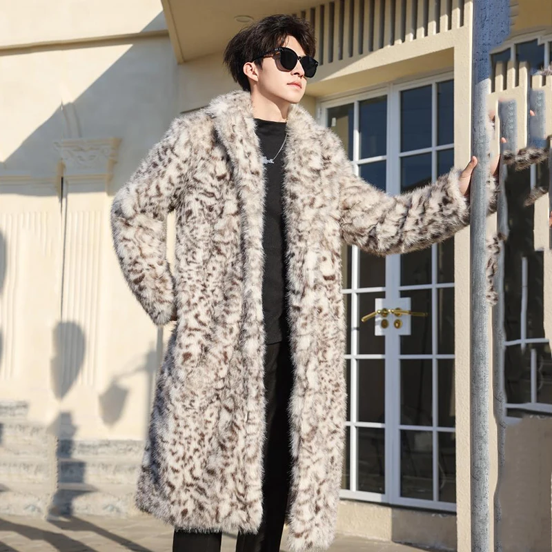 PFHQ Men's Imitation Mink Fur Long Knee Length Coat Thickened Warm Leopard Pattern Windbreaker  ﻿2024 Male Tops 21Z5560