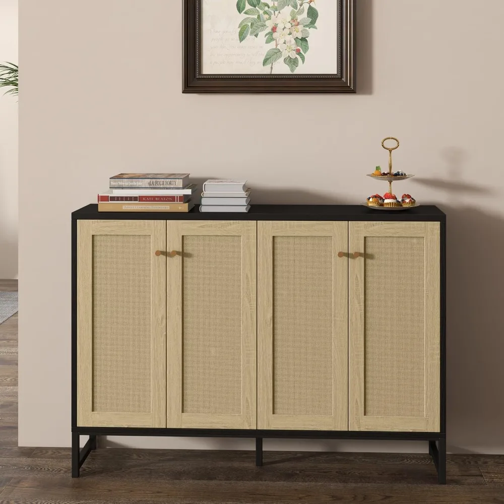 Sideboard Accent Storage Cabinet with Rattan Decorated 4 Doors Dining Room Freestanding Kitchen Buffet Table Cupboard