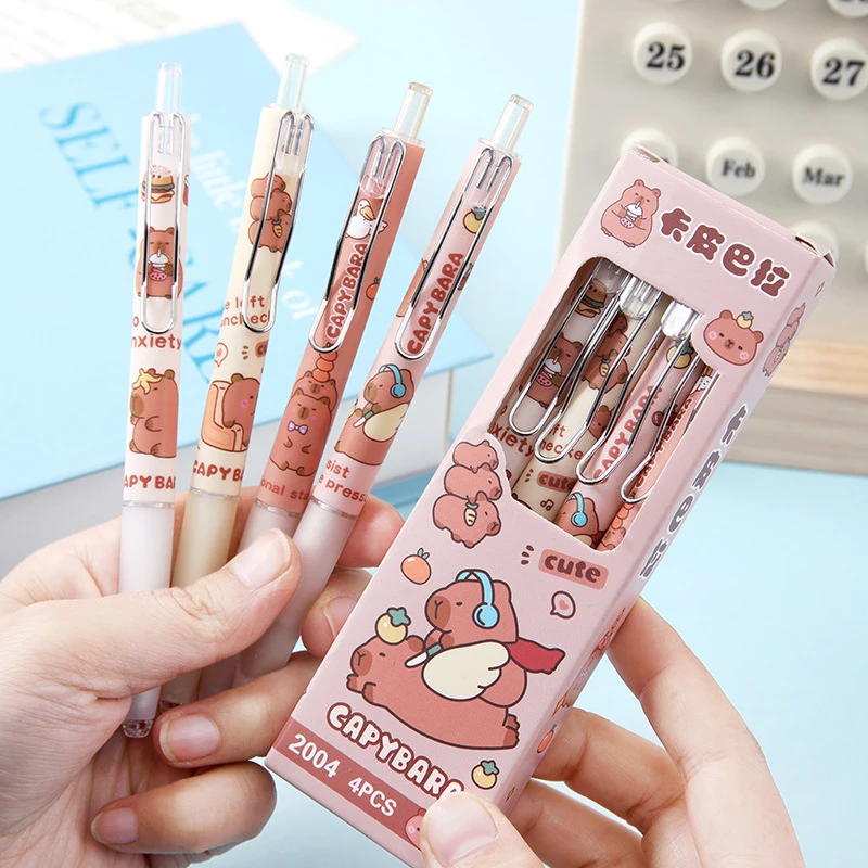 4Pcs/set Cartoon Lovely Capybara Gel Pen Kawaii Black Ink Gel Pen Student Stationery School Office Supplies Kids Birthday Gifts
