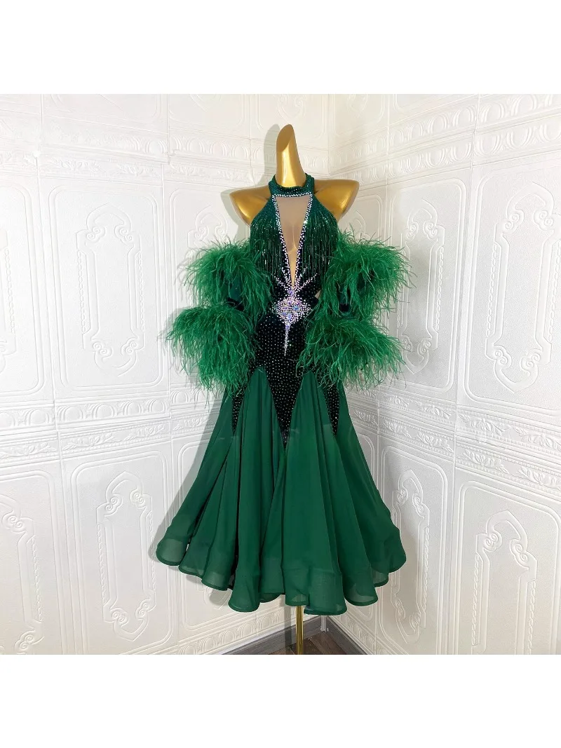 Vrouwelijke Ballroom Dans Struisvogelveren Mesh Splicing Lange Mouwen Jurken Aanpassen Volwassen Wals Ango Moderne Wedstrijd Kleding - afbeelding 2