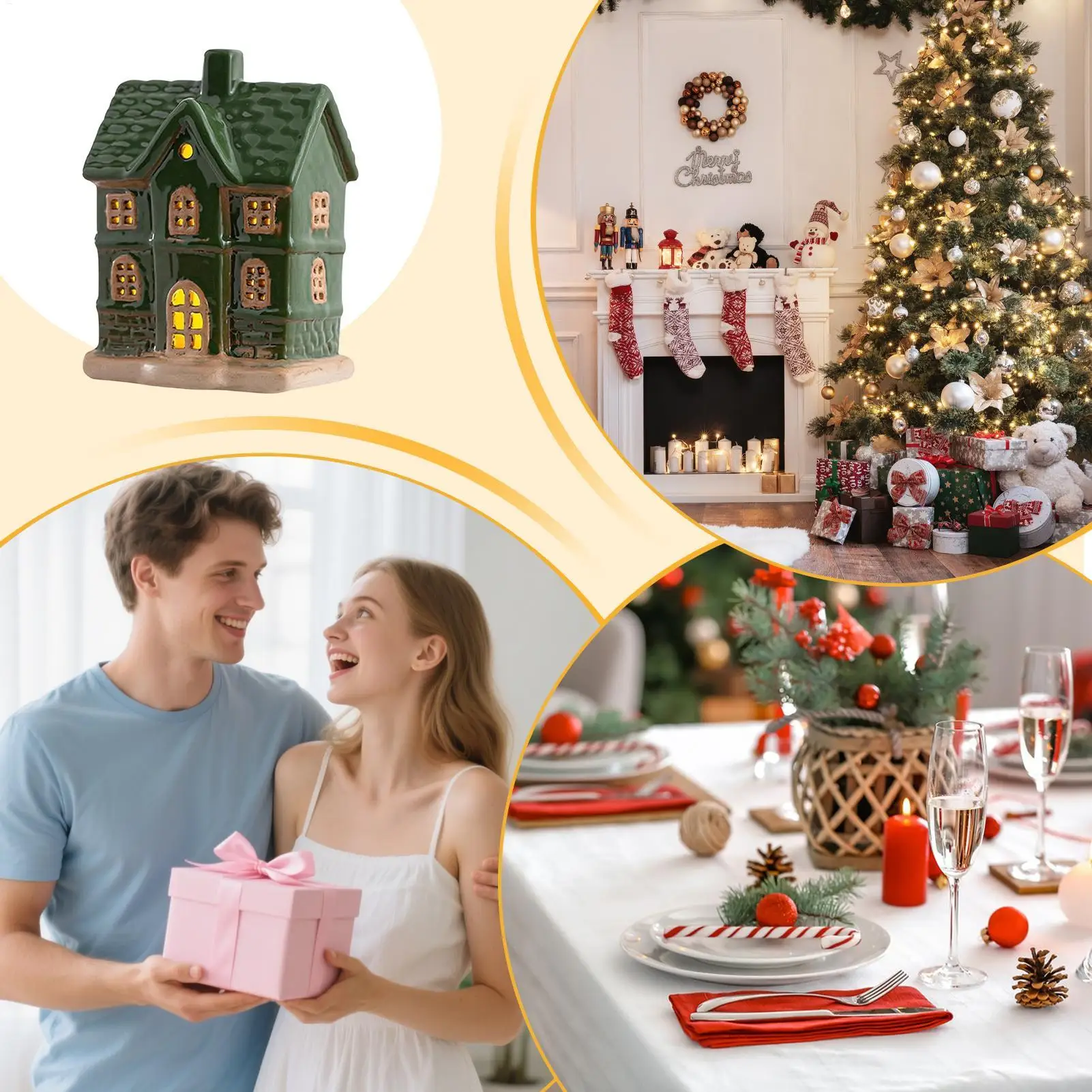 Ceramic Christmas Houses Desk Ornament with LED Light Christmas Table Centerpieces for Holiday Seasonal Display Indoor Tabletop