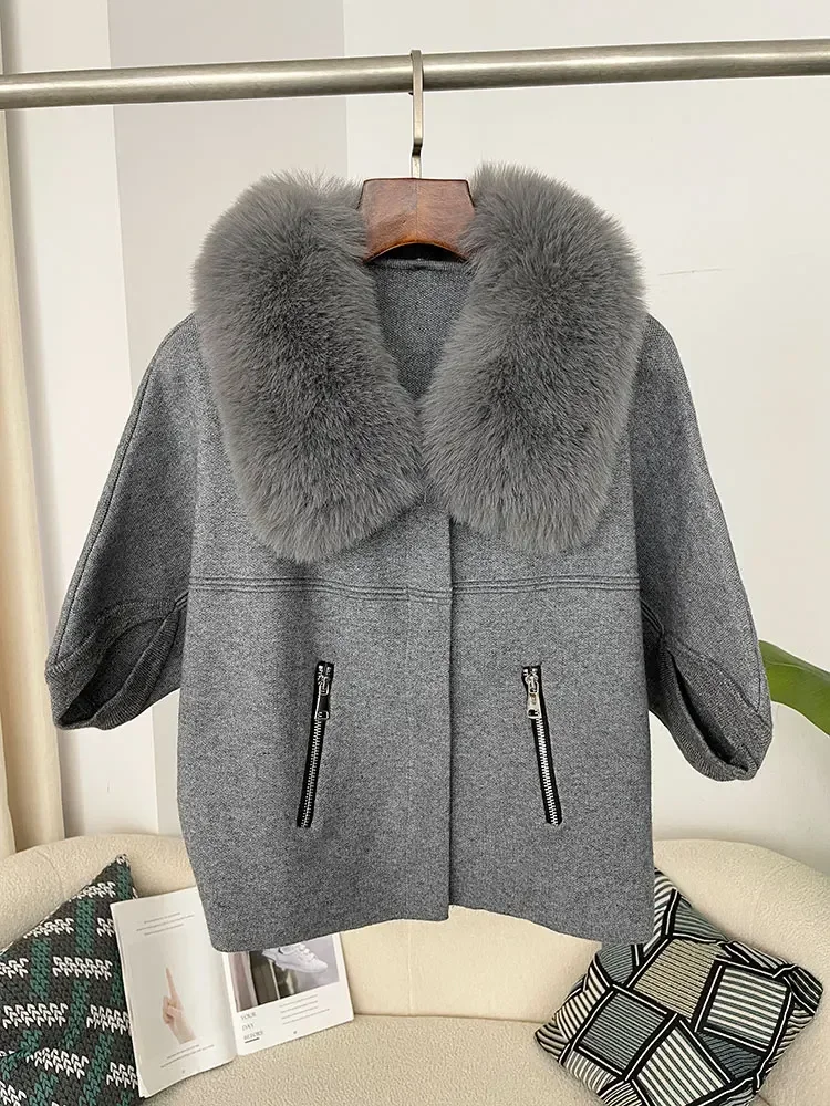 

2025 Autumn and Winter Women Cardigan Short Knitted Sweater Solid Color with Faux Fur Collar Three Quarter Sleeves Coat