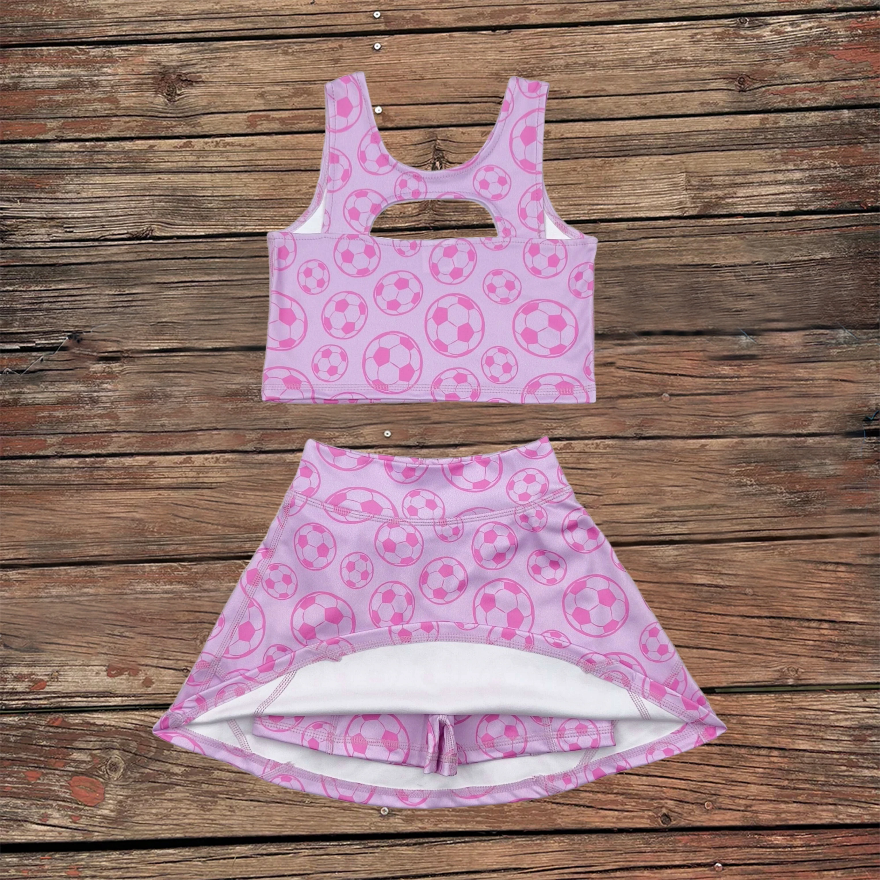 

Wholesale Baby Girl Clothes Toddler Pink Athletic Shirt Infant Football Shorts Skirt Skorts Outfit Kids Children Active Wear Set