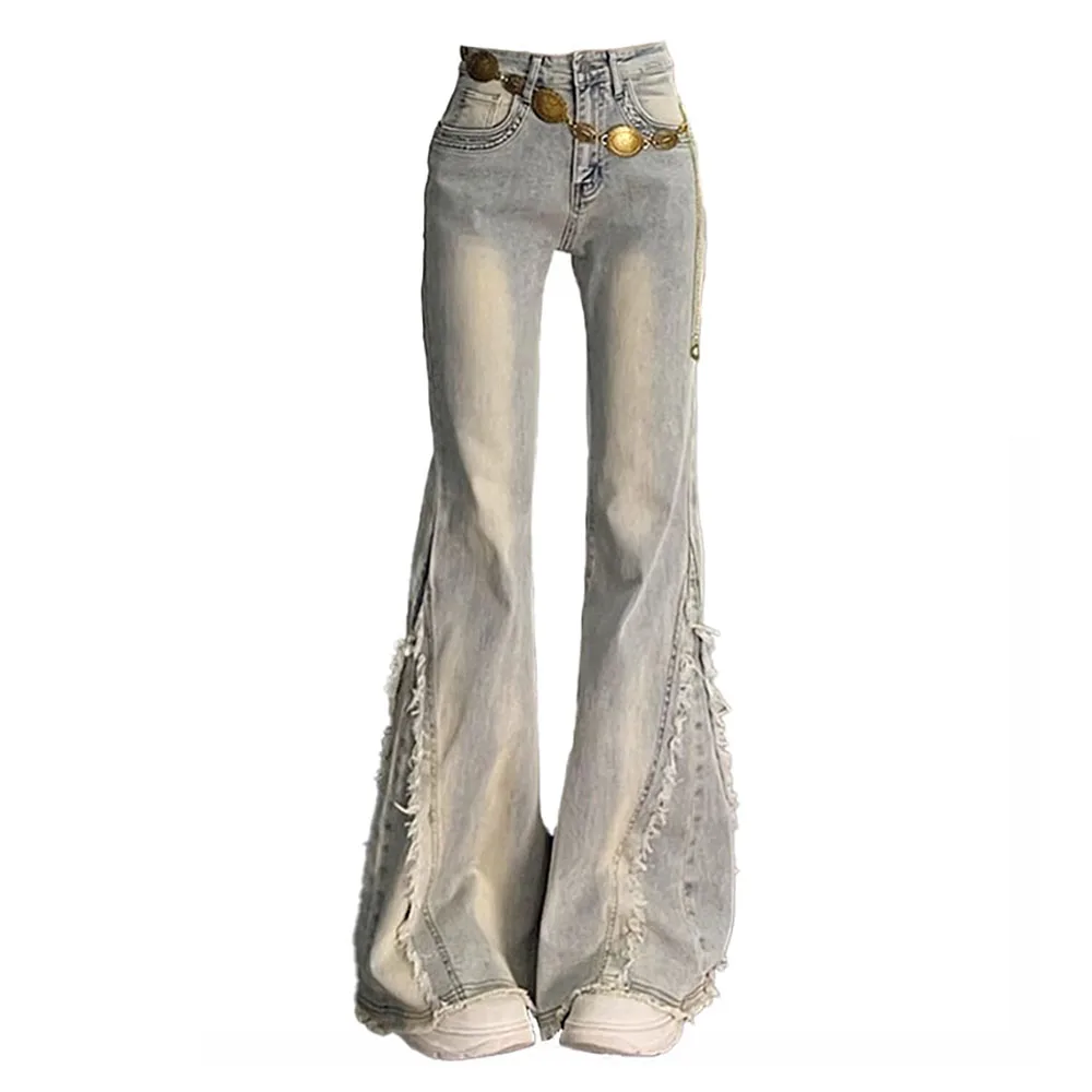 

Легкие узкие расклешенные джинсы для женщин, модные расклешенные джинсовые брюки с высокой талией и кисточками, весенне-осенние женские брюки, уличная одежда