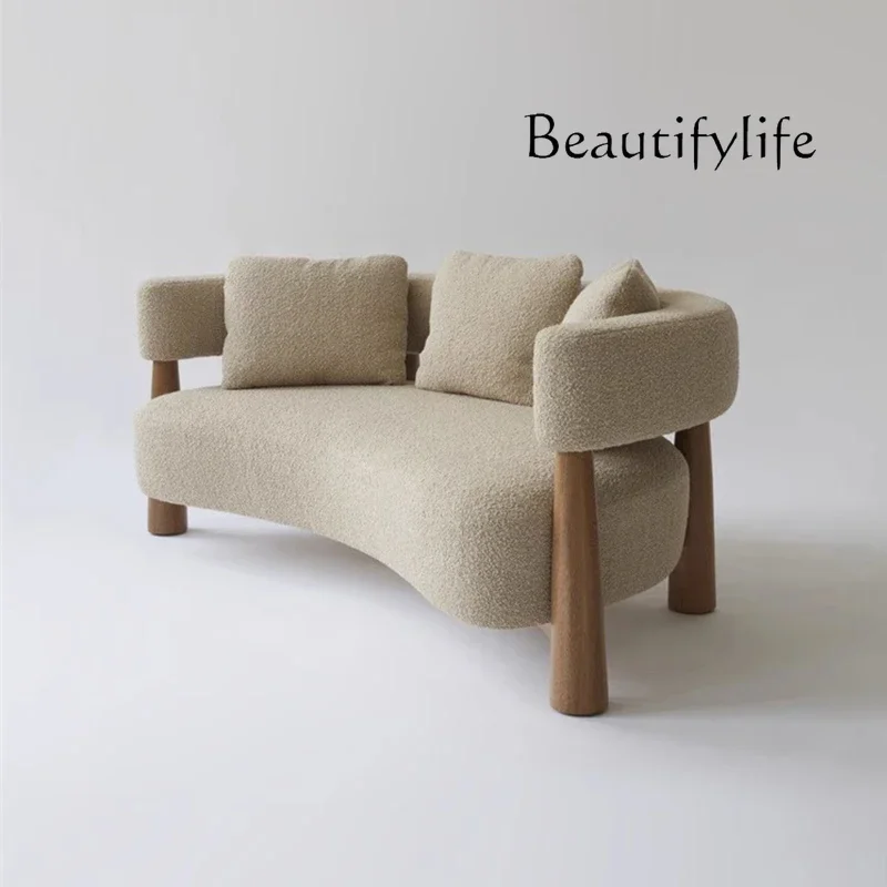 X36 Wabi Sandy Wind B & B Sofa Living Room Creative Special-shaped Lamb Fleece Solid Wood Curved Sofa