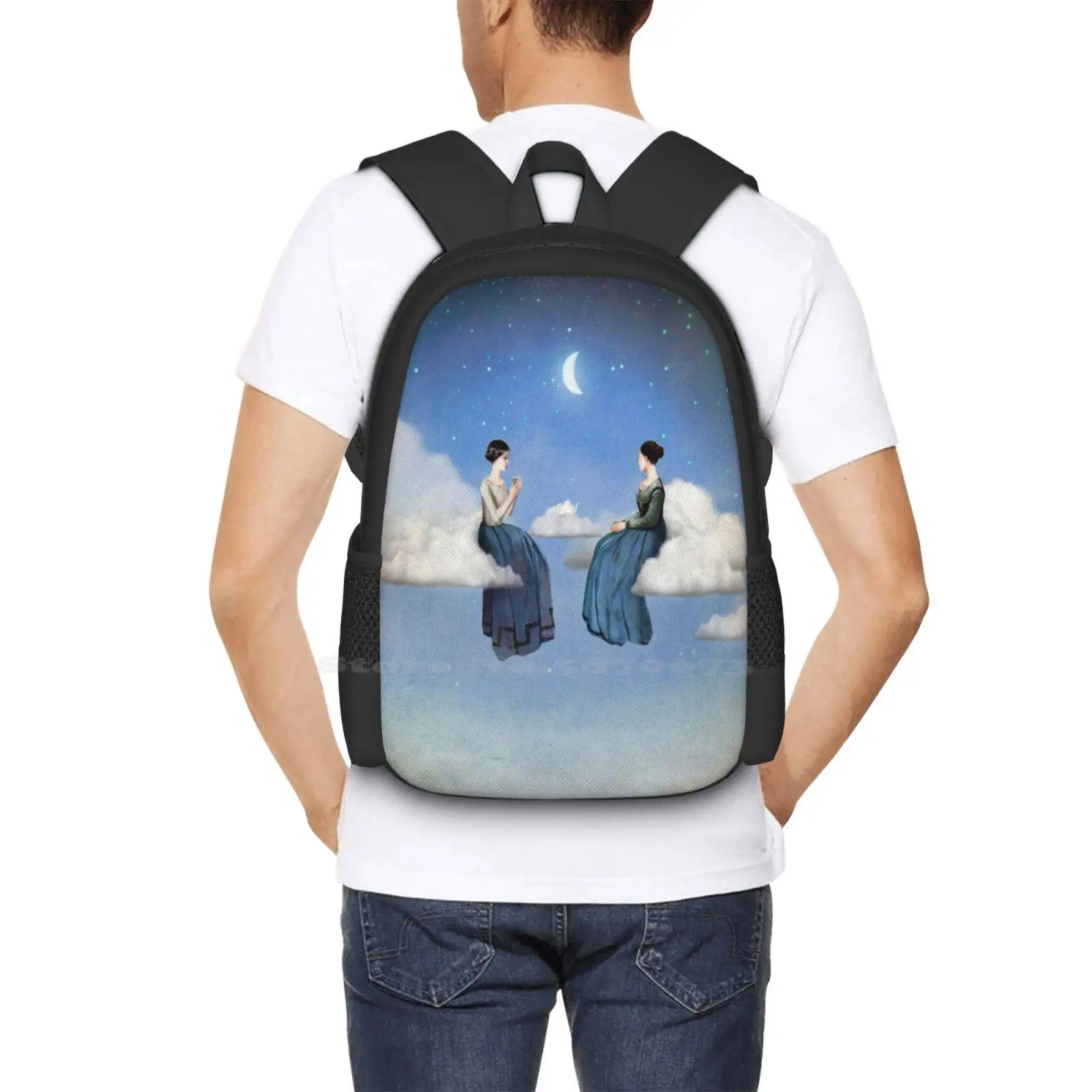 حقيبة ظهر للرياح والسحب والشاي للطلاب حقيبة سفر للكمبيوتر المحمول المدرسية السماء والسماء والليلية والنجوم وإضاءة النجوم وشاي المرأة الزرقاء #6