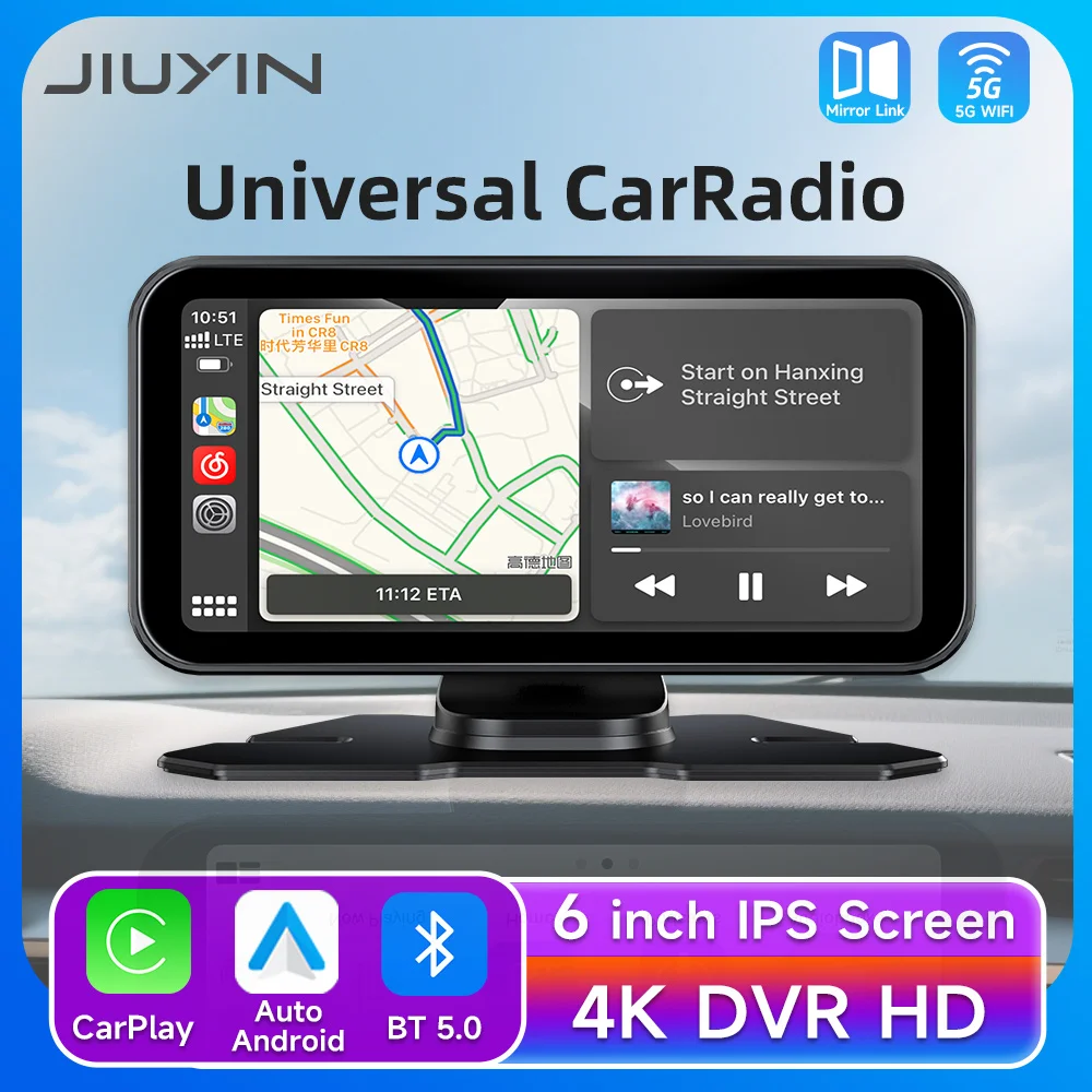 JIUYIN 6 인치 4K HD DVR 범용 자동차 라디오 멀티미디어 네비게이션 무선 CarPlay Apple Android 자동 미러 음악 플레이어