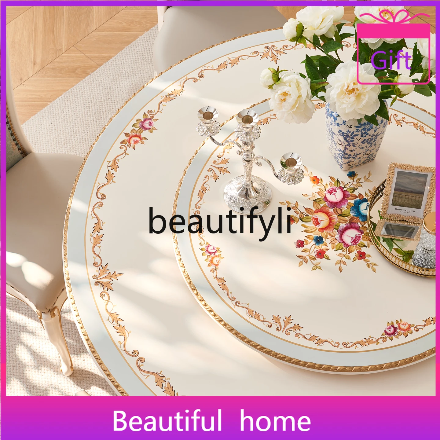 

European French style, villa all solid wood 1.5M with turntable hand-painted flower round dining table and chairs