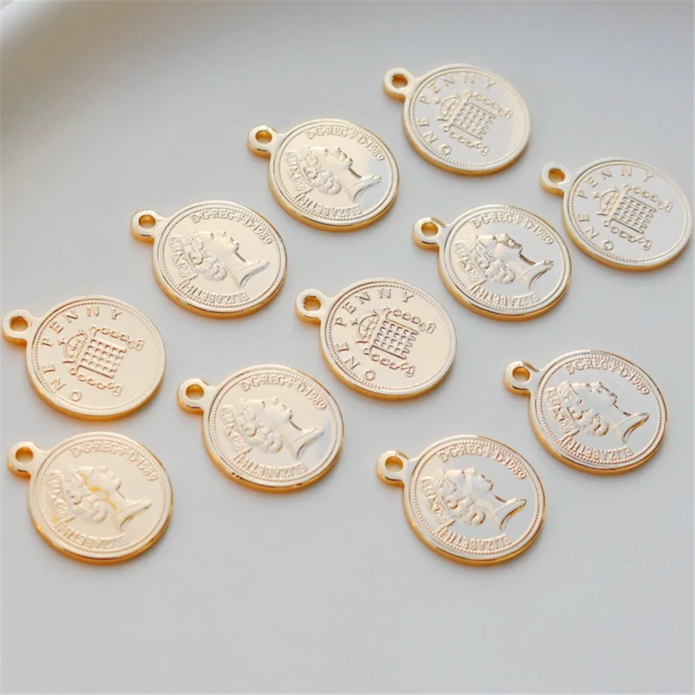 

14K Copper-clad Gold Queen Portrait Coin, Round Pendant, DIY Handmade Bracelet, Necklace, Earring Tag, 14mm