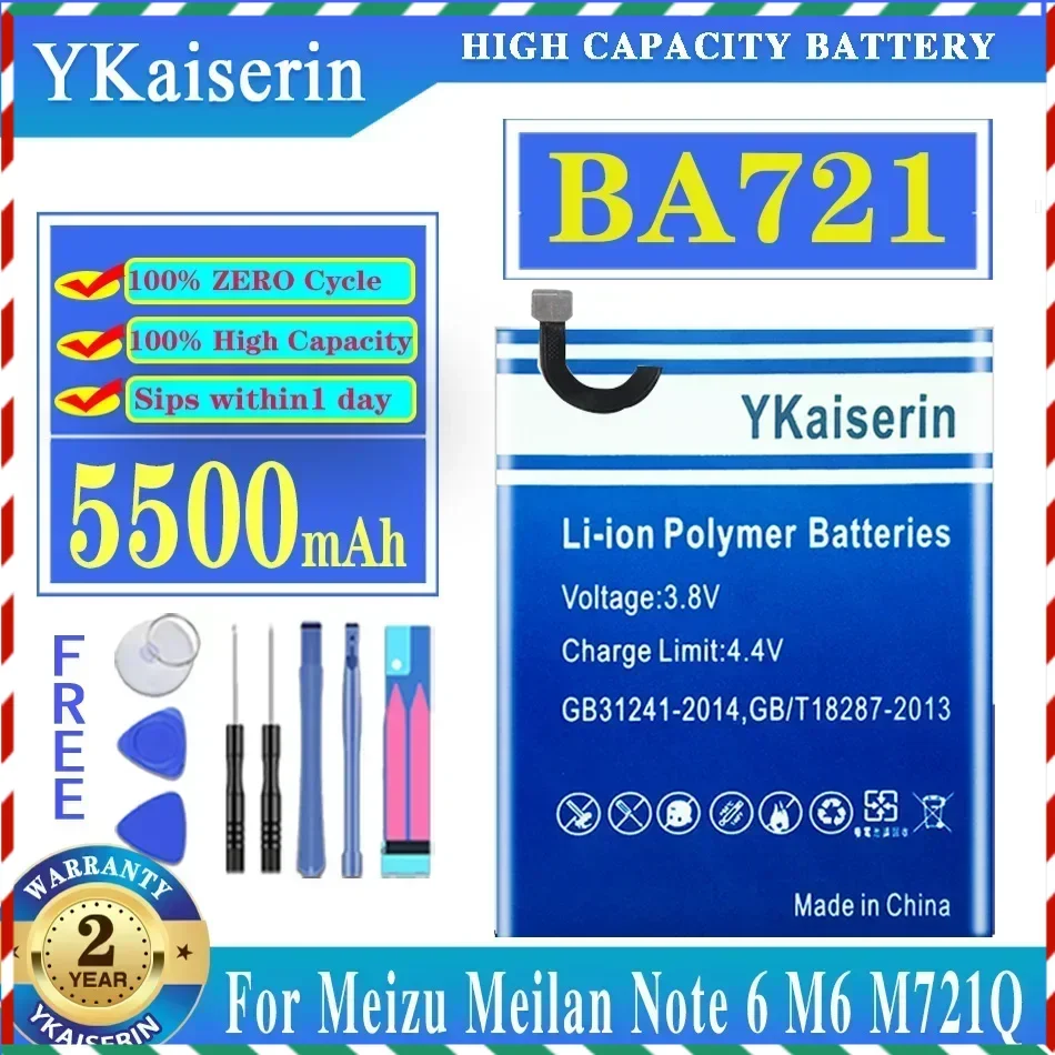 YKaiserin High Quality 5500mAh BA721 BA 721 Battery For Meizu Meilan Note 6 Note6 M6 M721Q Smart Phone Battery Batteria + Tools