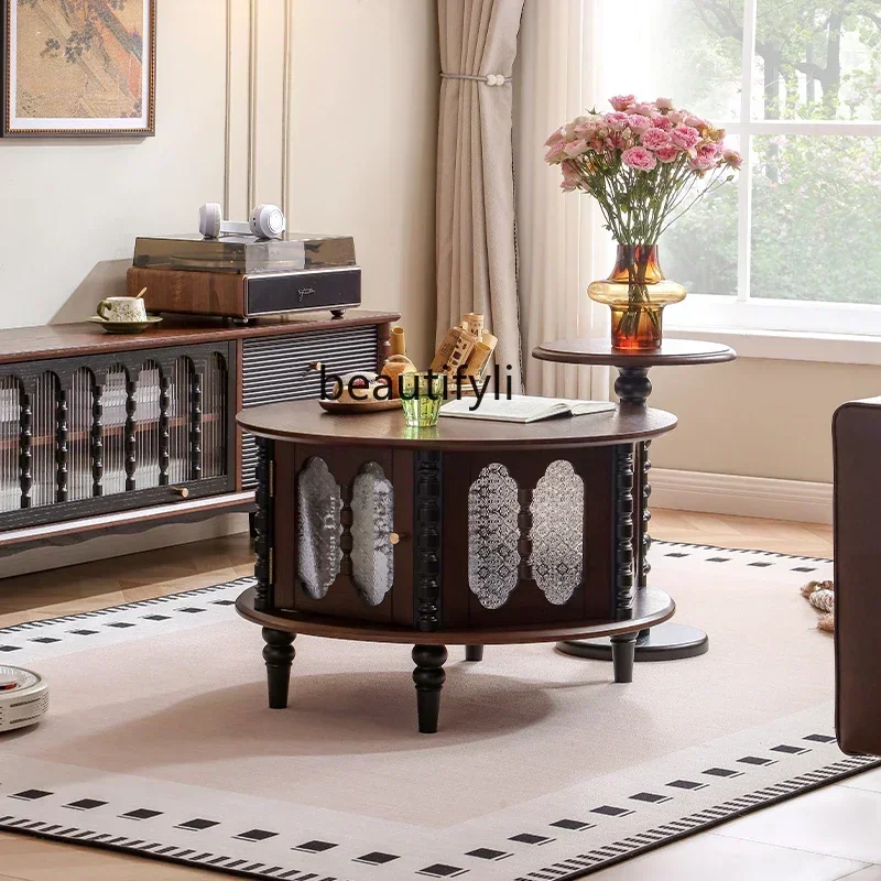 35French retro all-solid wood coffee table living room home TV cabinet combination round tea table