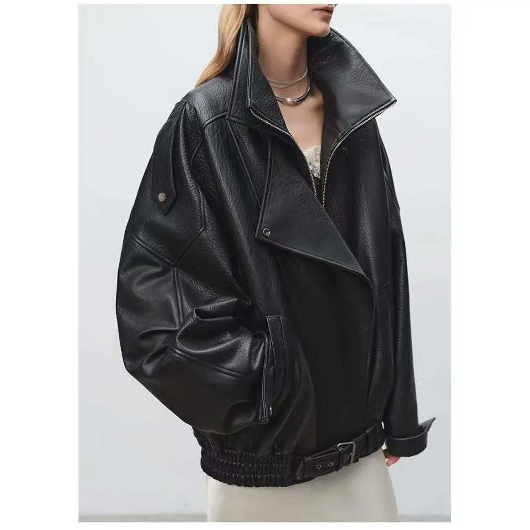 2025 الخريف والشتاء الاتجاه الجديد الأسود القوطية الشرير دراجة نارية سترة جلدية للرجال والنساء عالية الجودة فضفاضة سترة غير رسمية