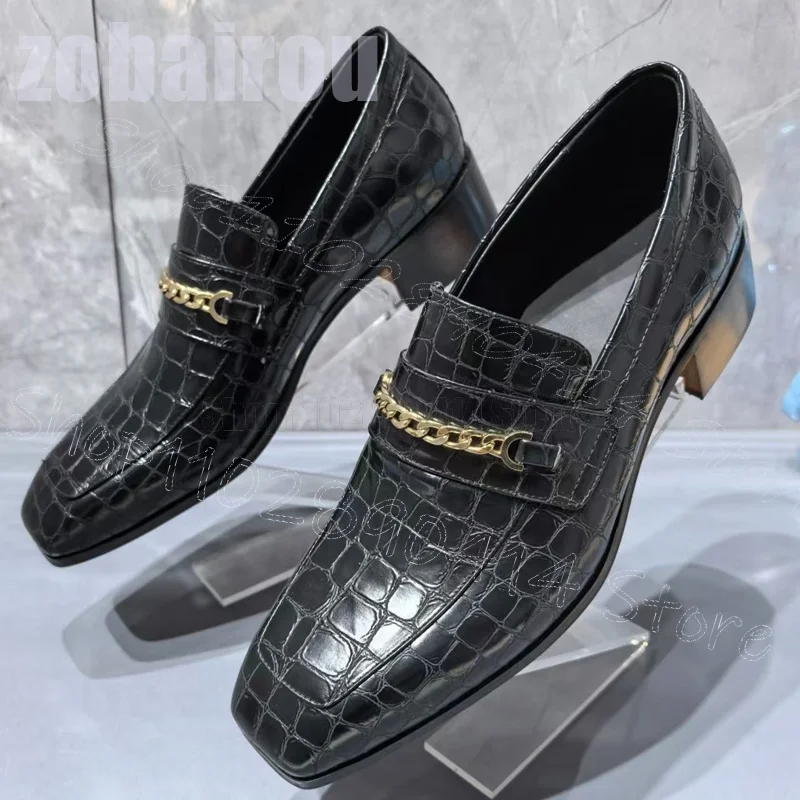 

Chain Decor Black Alligator Print Square Toe Loafers Fashion Slip On Men Shoes Luxurious Handmade Party Banquet Men Casual Shoes