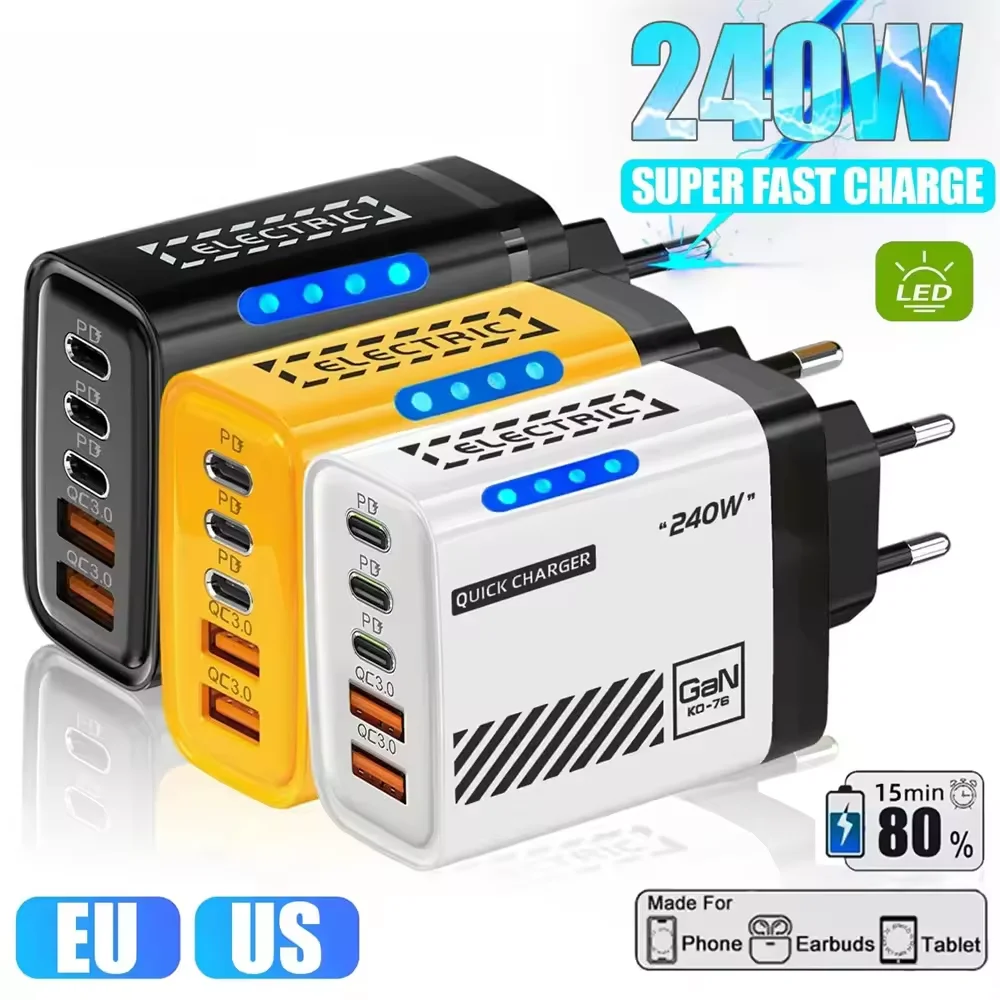 240W 5 in 1 GaN PD Desktop Fast Charger 3PD 2USB EU US Plug USB C Power Adapter For Tablet Phone For iPhone 17 16 Samsung Xiaomi
