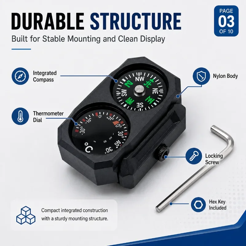 Portable Hobby Model Decor Nylon 2‑in‑1 Compass Thermometer Fits 20‑22MM Rail with Hex Key