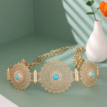 Women Luxury Moroccan Bridal Body Jewelry Belts Rhinestone Kaftan Dress Belt Gold Color Metal Waist Chain Bijoux Gift