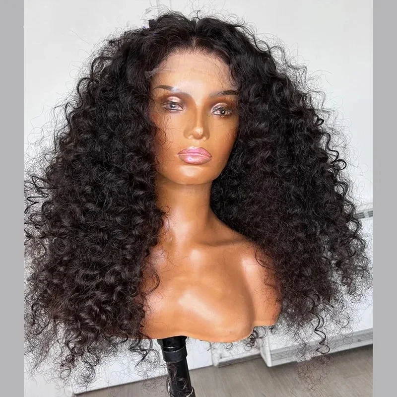 Perruque Lace Front Wig crépue bouclée noire naturelle, 26 pouces de long, densité 180, cheveux de bébé, pre-plucked, degré de chaleur, sans colle, pour femmes, 03/3