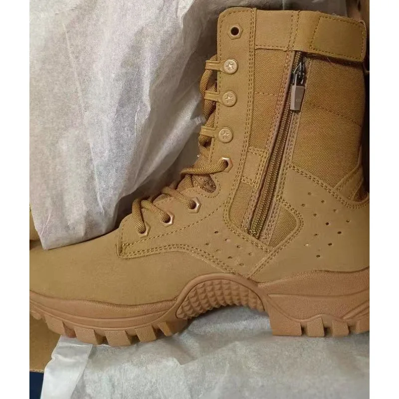 Summer New Leather Brown Combat Boots Zipper Mesh Breathable Outdoor Climbing High Top Security Training Sneakers Ultra Light
