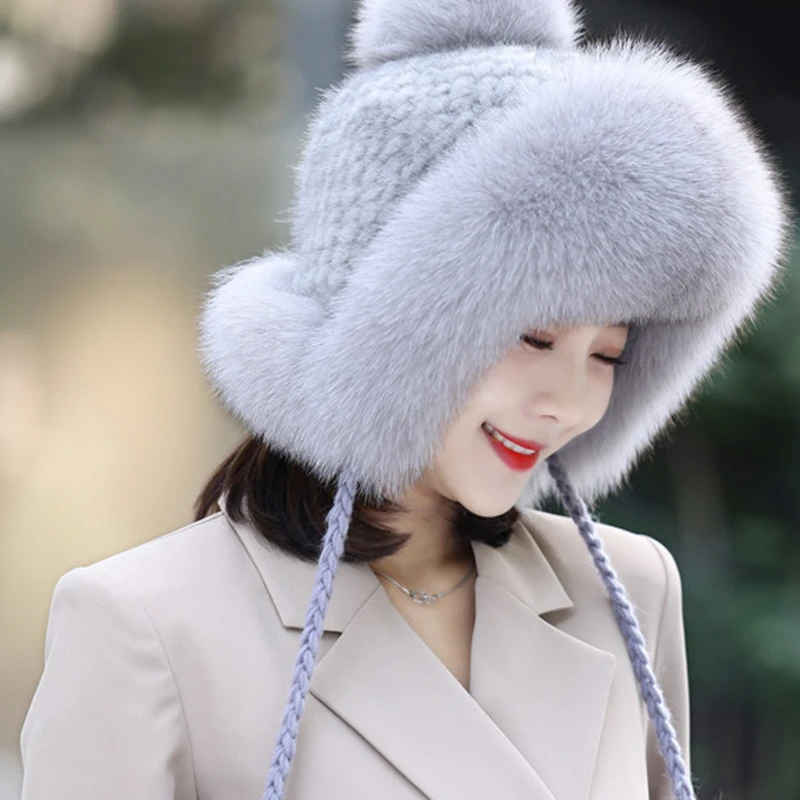 Pure Mink Fur Fashion Headwear Ear-flap Hat Fluffy Fur Winter Hat Solid-color Thickened Ear-flap Hat Chrismas G