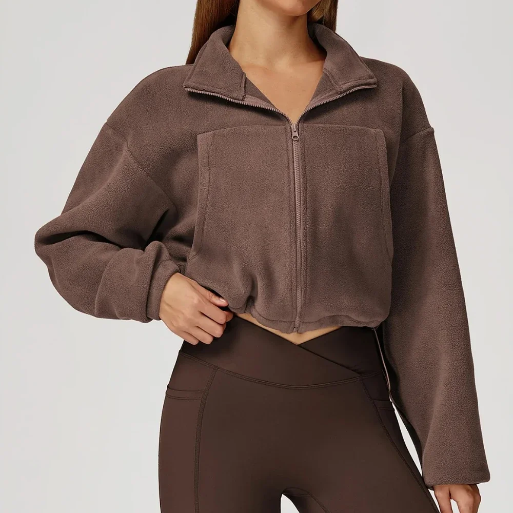 

Winter Windproof Zipper Warm Yoga Long Sleeved Women's Loose Outdoor Running Sports Jacket Female Standing Collar Sweatshirt