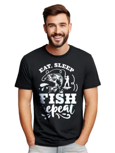 Eat Sleep Fish Repeat - Funny T-shirt for Fishing Enthusiasts! 100% Cotton, Unis