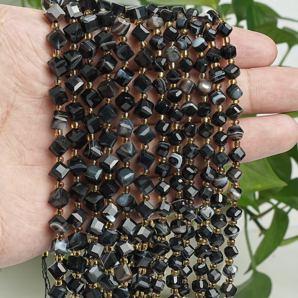 Nature Stones Beads Genuine Natural Black Banded Agate Beaded Diagonal Cube Bracelet For DIY Jewelry Making 6/8mm