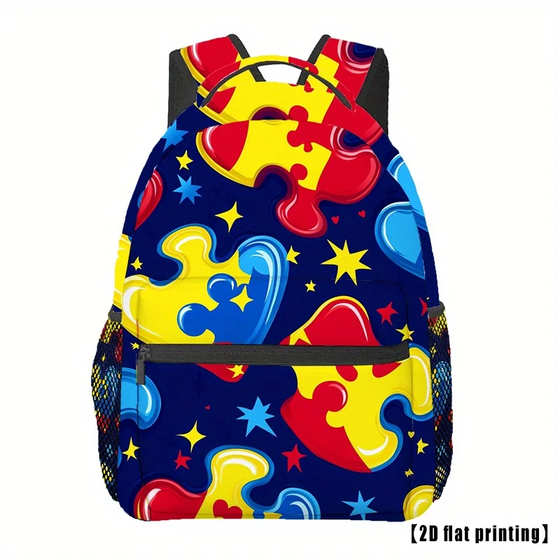 Autism Awareness Backpack with Puzzle Piece Yellow Stars Design Lightweight Daypack Adjustable Padded Shoulder Straps