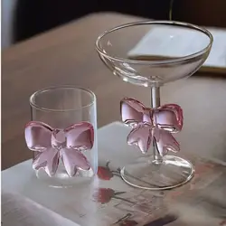 Light luxury Pink Large Bow Glass Cup Heat-resistant Glasses Goblet Champagne Bow Handle Glass High BorosilicateCold Drink Cup