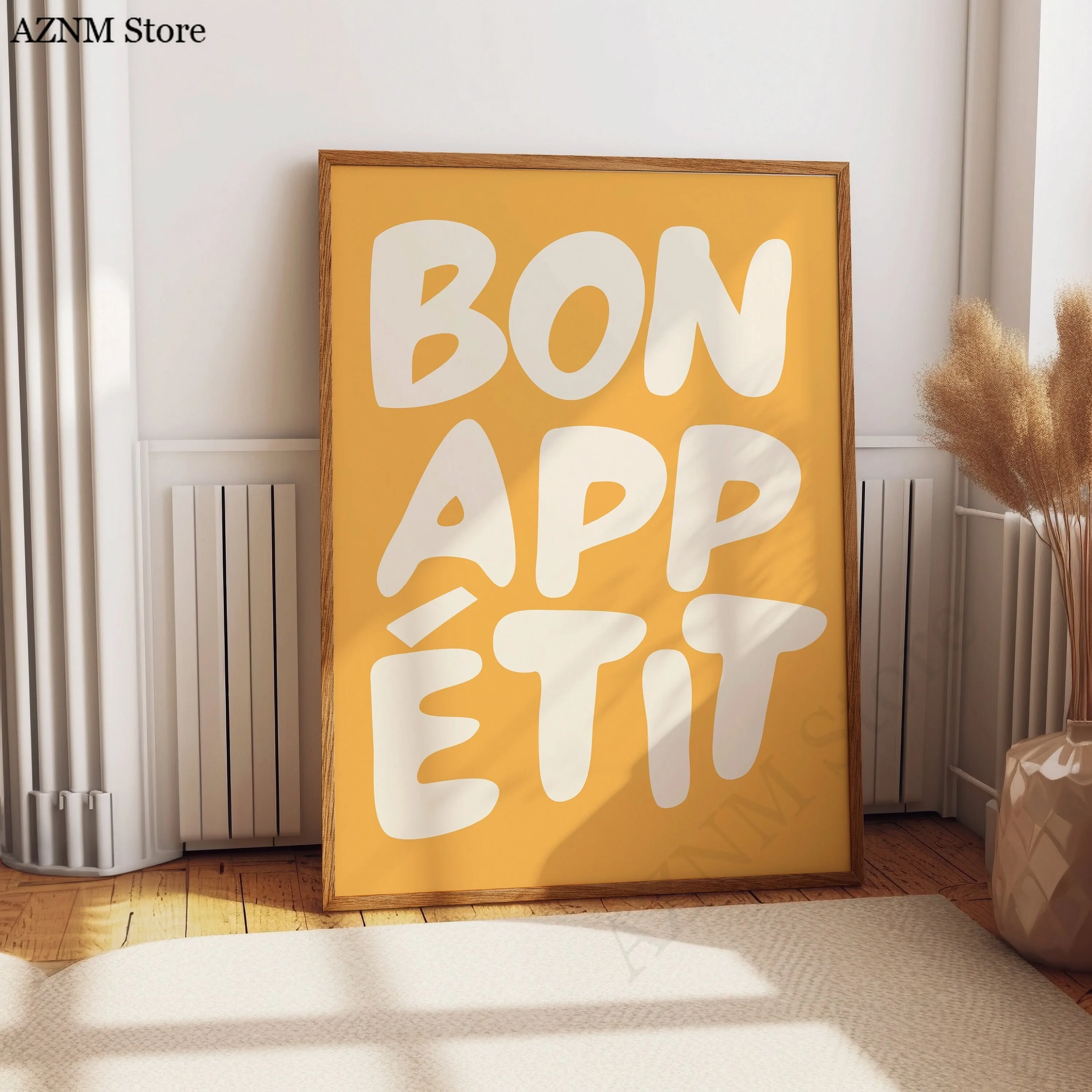 Bon Appetit Yellow White Striped Kitchen Print Mid-century French Quotation Wall Art Posters for Modern Living Rooms Home Decor