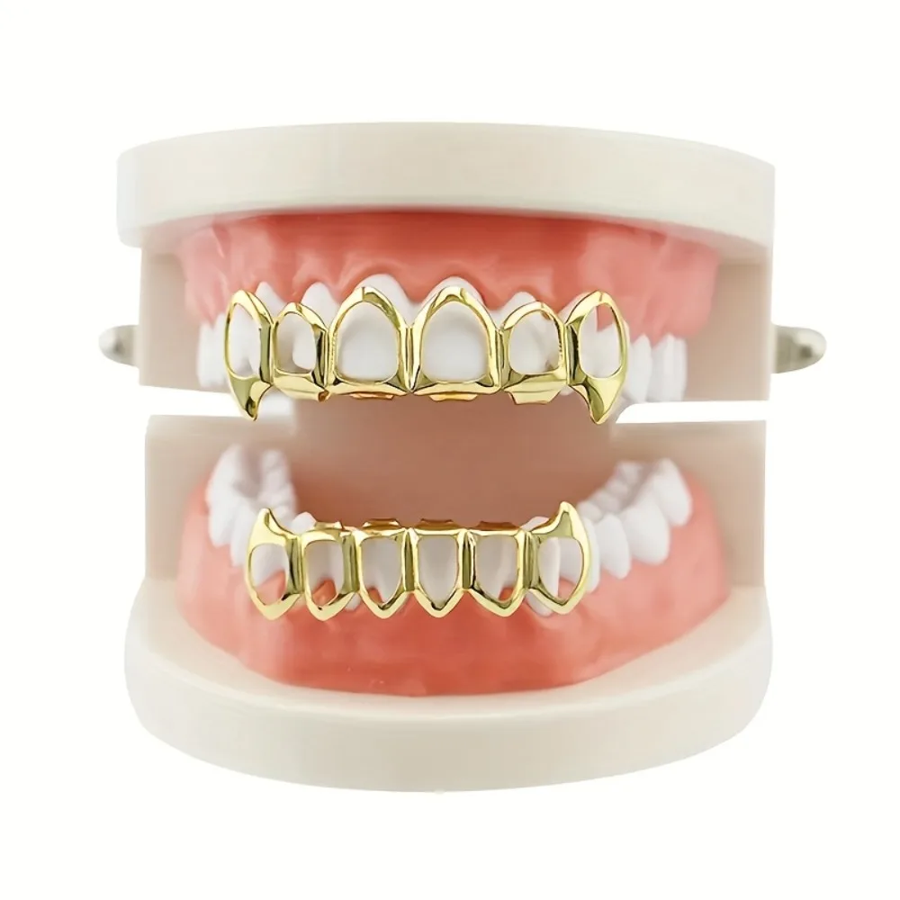 Glossy Finish Hollow Teeth Grillz Top Bottom Set Anti Slip Shiny Teeth Grillz Caps Eco-friendly Copper Gold Teeth Jewelry Rapper